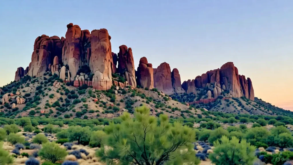 Stunning red rock formations surrounded by desert vegetation in Phoenix, Arizona, at sunset.