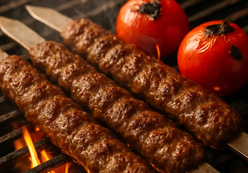 Persian Kabab Koobideh and grilled tomatoes on a hot grill.