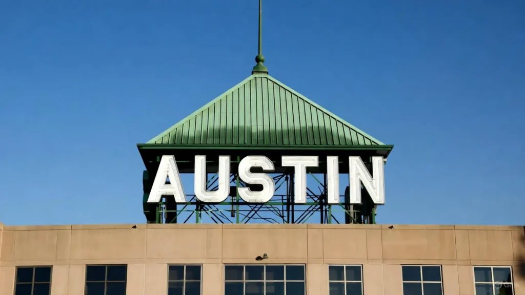 A building with a green roof and large "AUSTIN" sign against a clear blue sky.