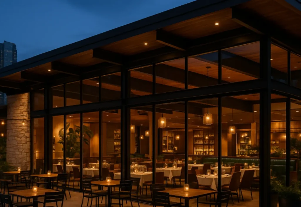 A well-lit modern restaurant with glass walls and outdoor seating at night.