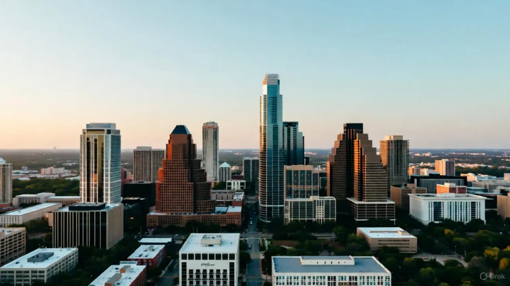 Austin skyline at sunset with modern skyscrapers and a clear sky.