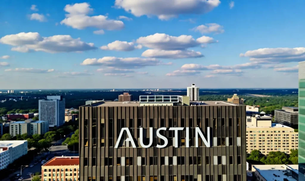 Building with "Austin" signage and city skyline under a blue sky with clouds.