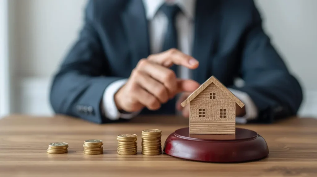 Businessman in a suit with stacked coins and a small wooden house on a desk.