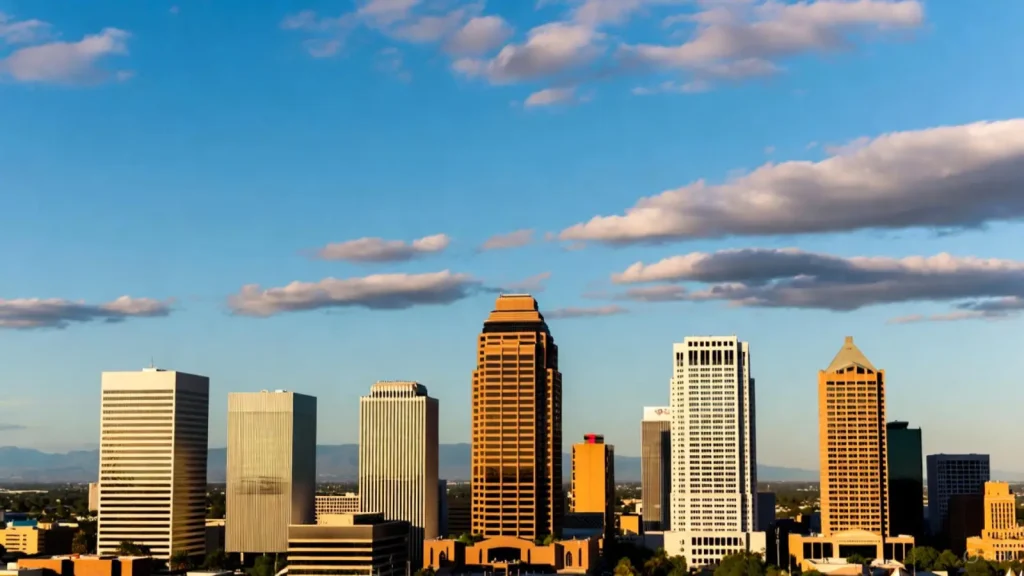 Phoenix skyline with modern buildings under a vibrant blue sky.