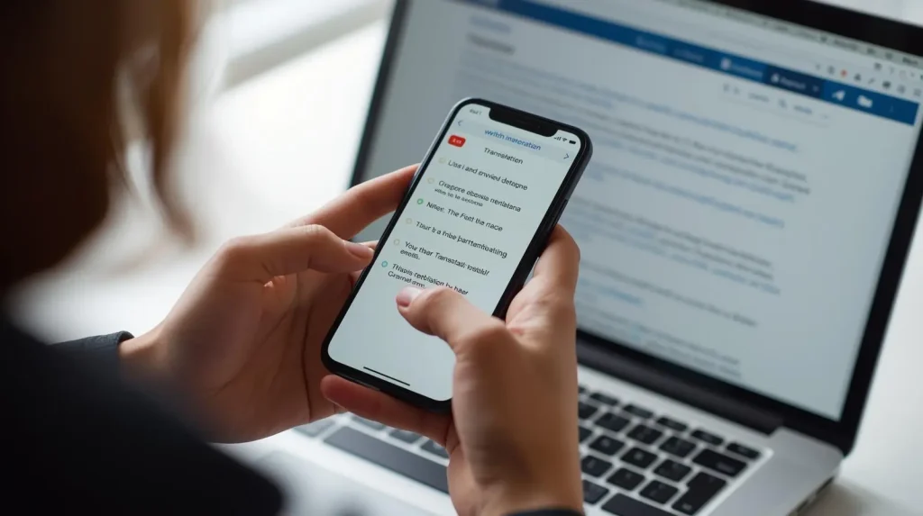 Person using a smartphone to search for information, with a laptop in the background.