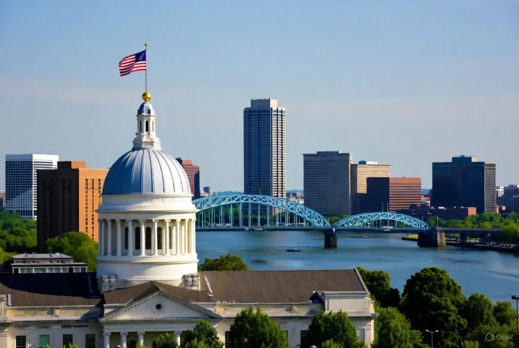 Skyline of Baltimore with a white-domed building, American flag, and a blue bridge over the river.