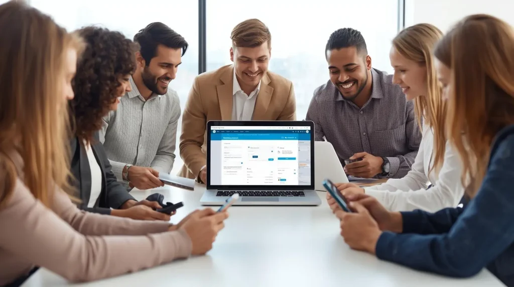 A diverse group of professionals smiling and collaborating around a laptop at a conference table.