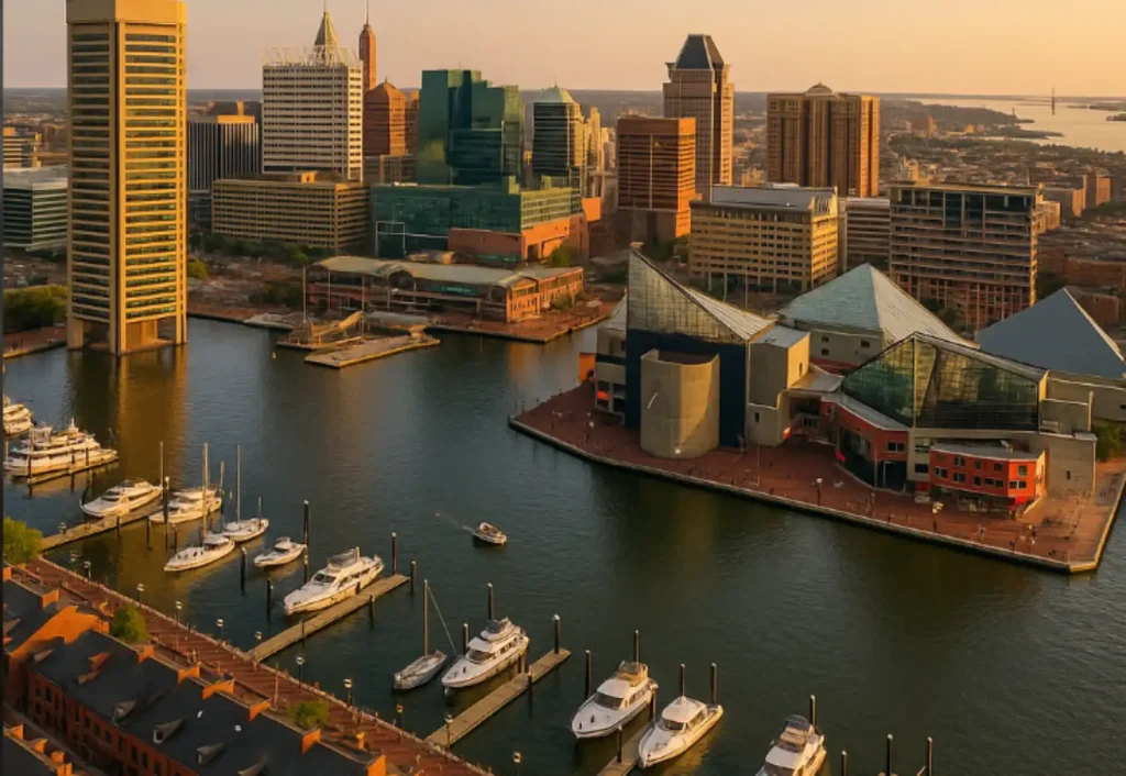 Aerial view of Baltimore’s Inner Harbor with modern buildings, waterfront, and docked boats at sunset.