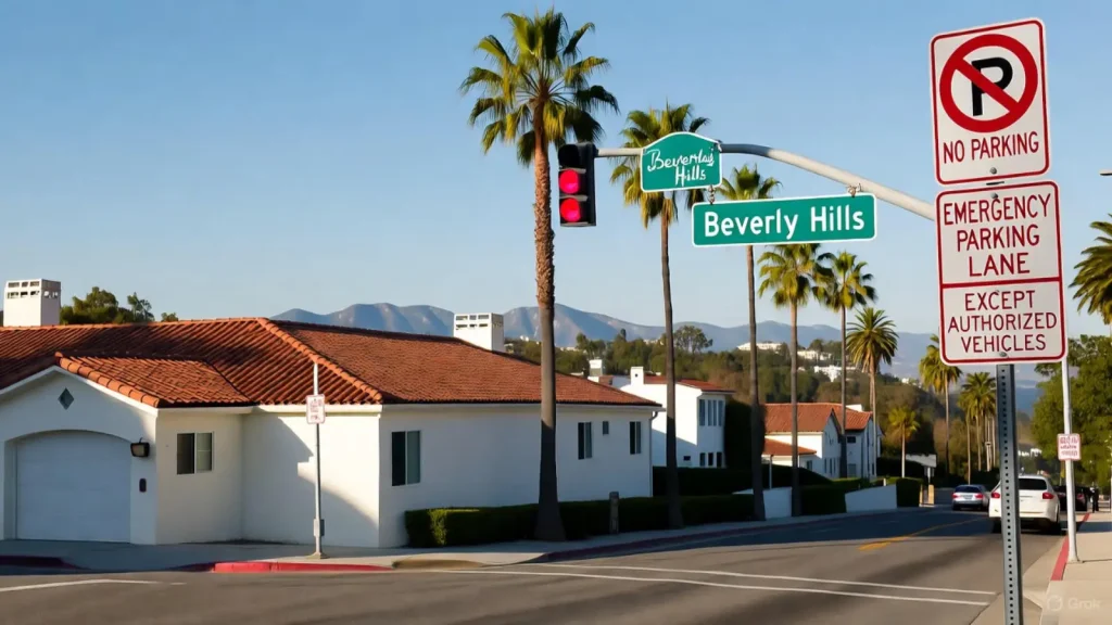 Scenic view of Beverly Hills with palm trees, residential homes, and street signs under a clear blue sky.