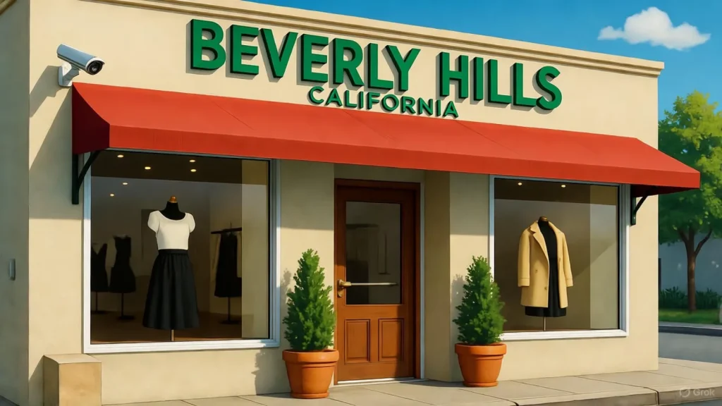 Boutique storefront in Beverly Hills, California, with stylish clothing displays and a red awning.
