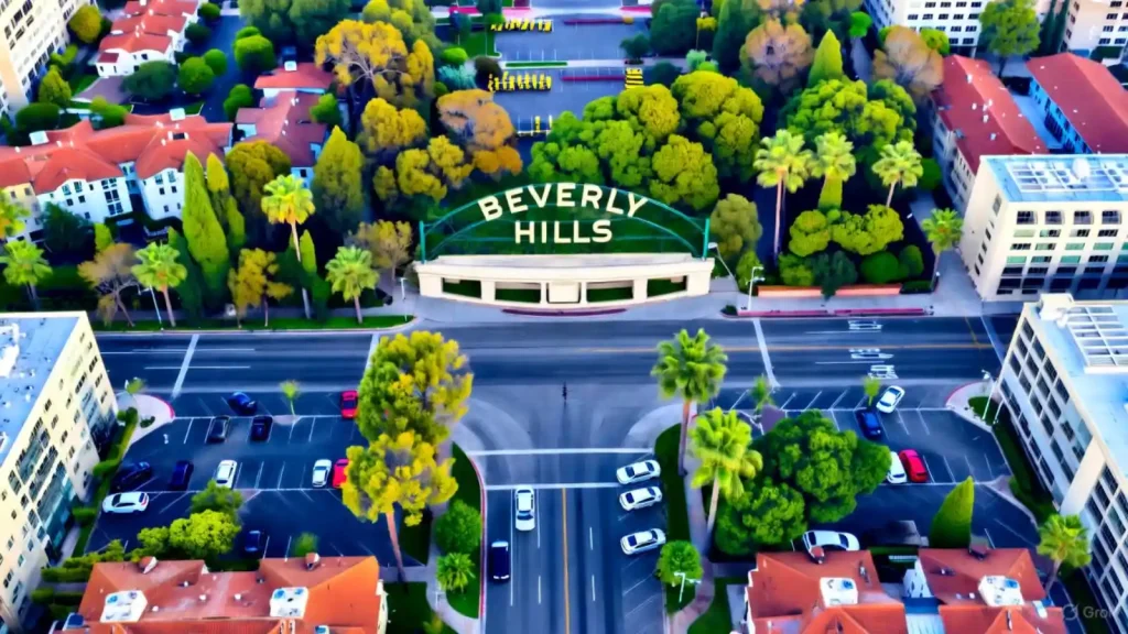 Aerial view of Beverly Hills sign surrounded by palm trees and urban streets.
