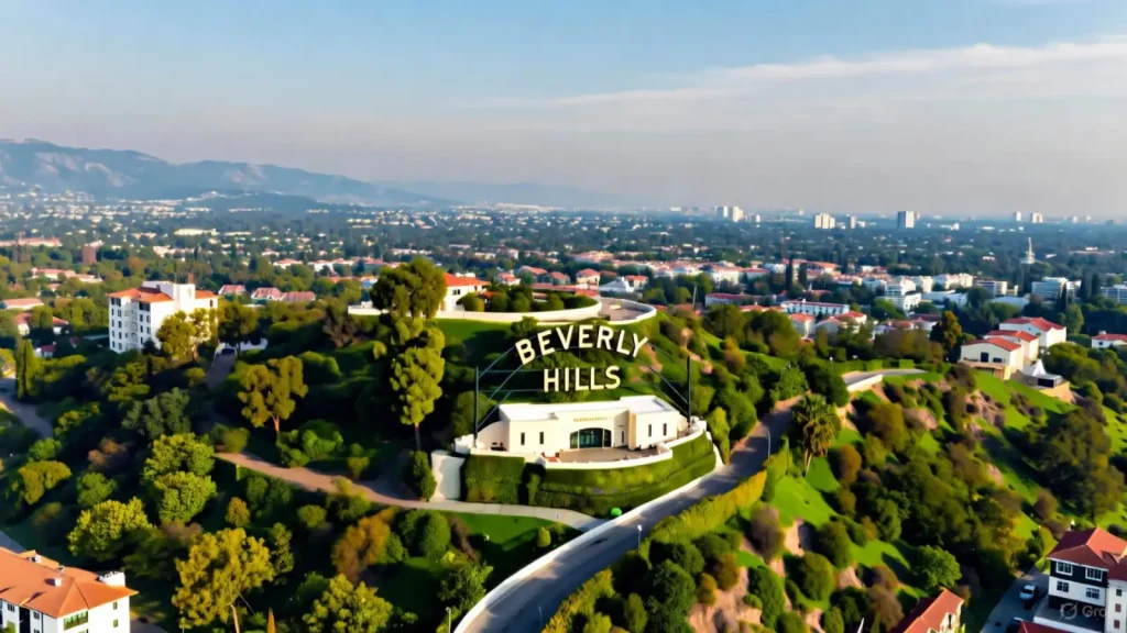 Aerial view of Beverly Hills with the iconic Beverly Hills sign, lush greenery, and surrounding cityscape.