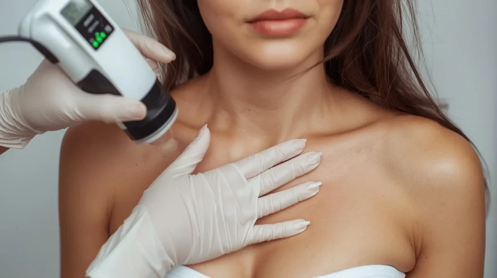 A close-up of a woman receiving a skincare treatment with a handheld device on her upper chest.