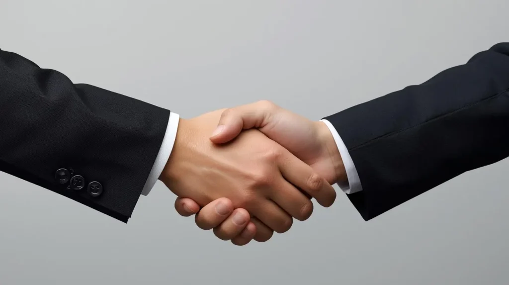 Two people in business suits shaking hands.