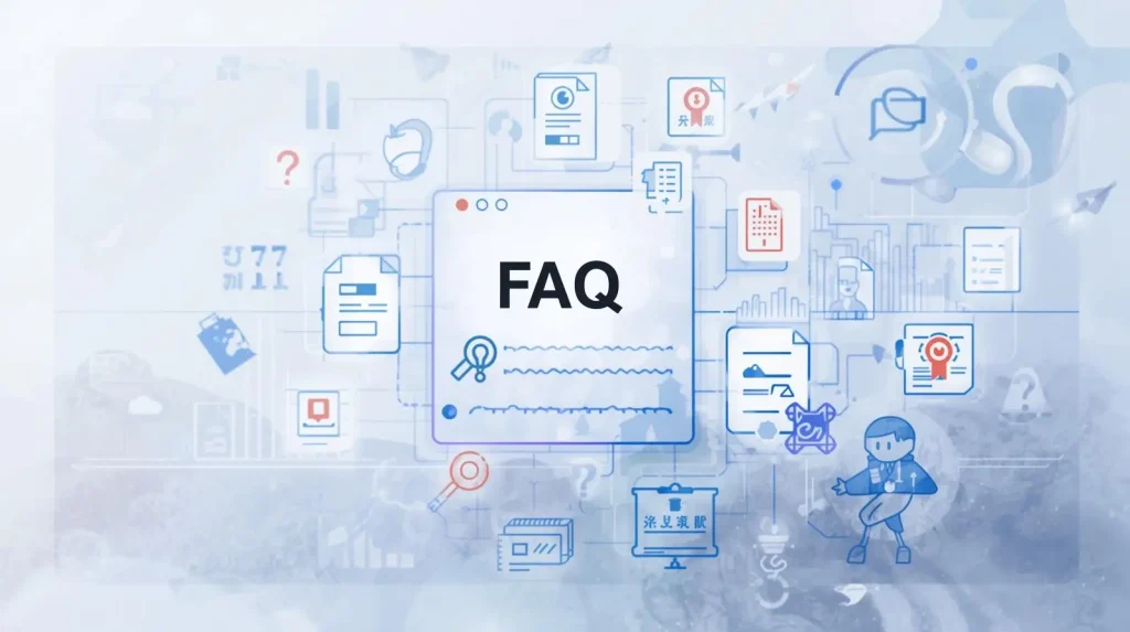 Illustration of a digital FAQ page surrounded by icons representing documents, questions, and chat bubbles.