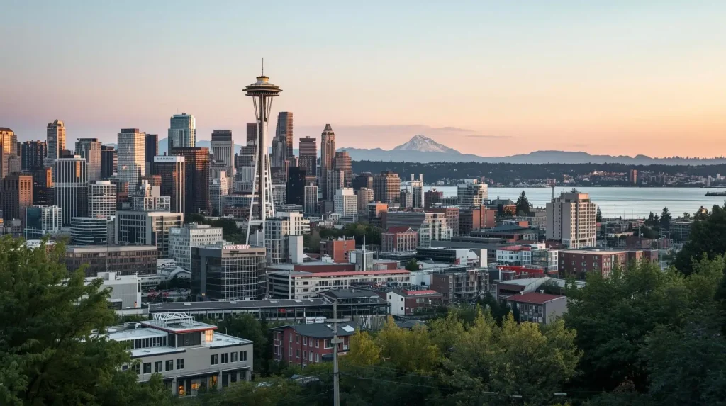 Seattle skyline at sunset featuring the Space Needle, modern skyscrapers, and Mount Rainier in the background.