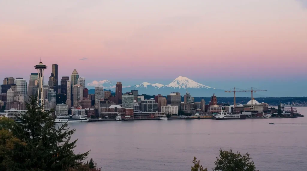 Seattle skyline at sunset with the Space Needle and snow-capped Mount Rainier in the background over calm water.