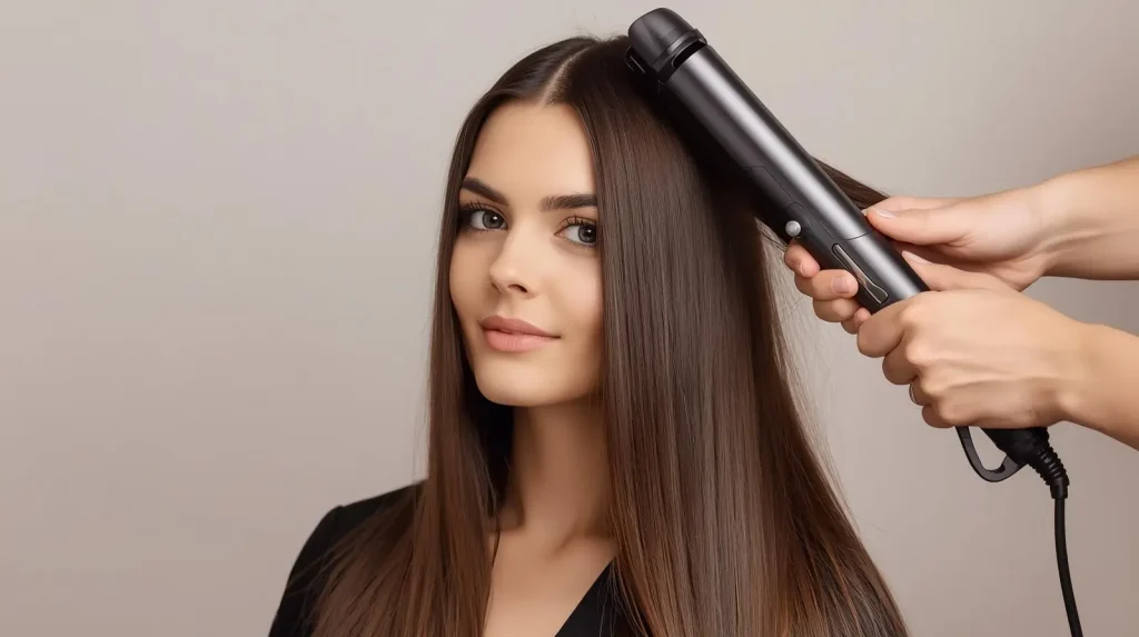 A woman getting her long, straight hair styled with a flat iron at a beauty salon.