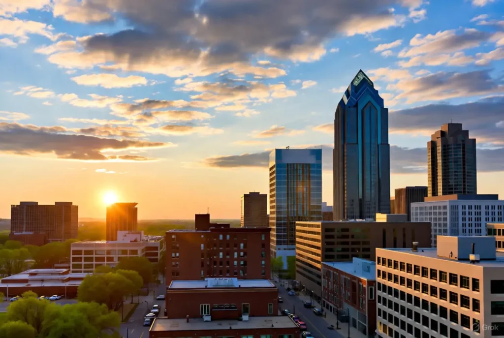Downtown Columbus skyline at sunset, with modern skyscrapers, brick buildings, and a glowing sun on the horizon.