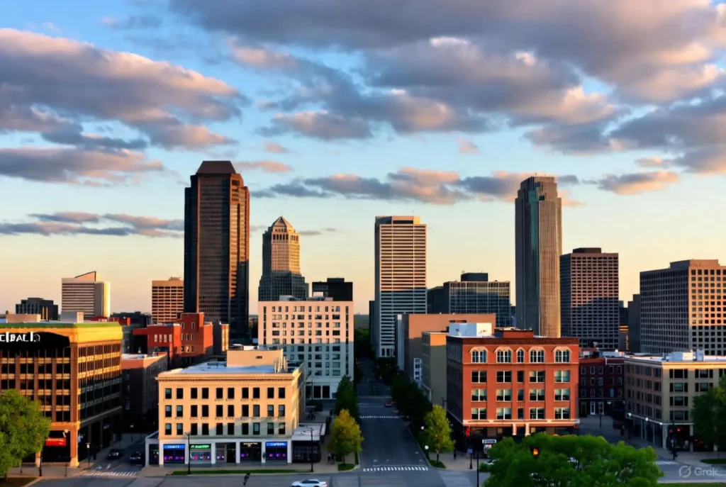 Downtown Columbus, Ohio skyline at sunset, with tall modern buildings, historic brick architecture, and a partly cloudy sky.