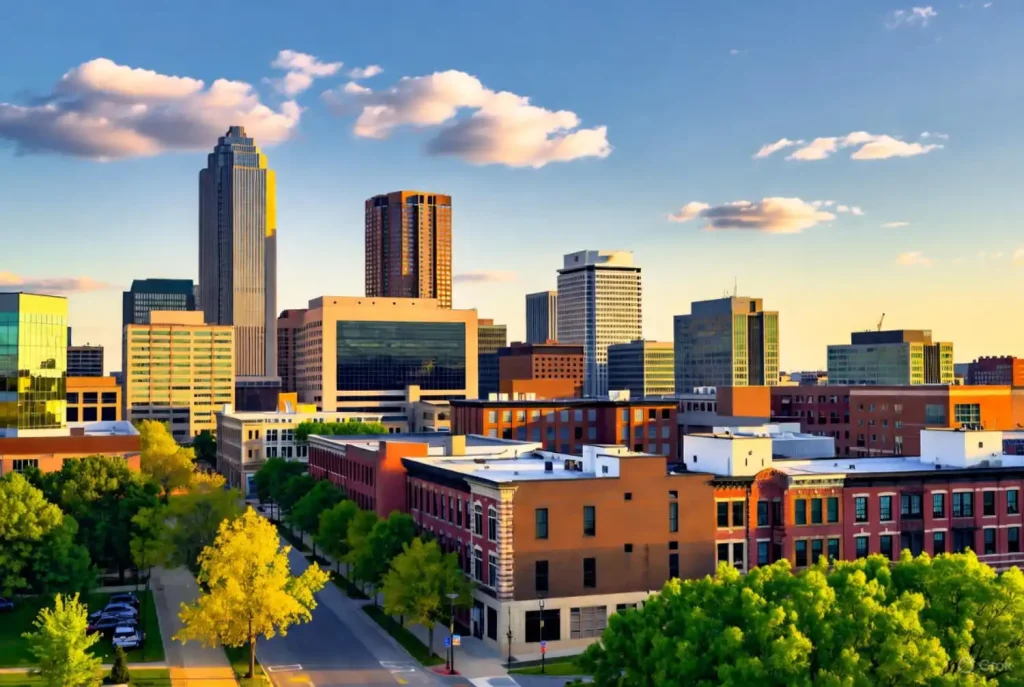 Downtown Columbus, Ohio skyline at sunset, with modern skyscrapers, historic brick buildings, and tree-lined streets under a partly cloudy sky.