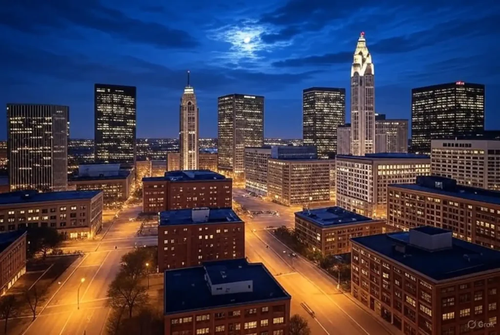 Downtown Columbus illuminated at night with glowing skyscrapers and quiet streets under a moonlit sky.