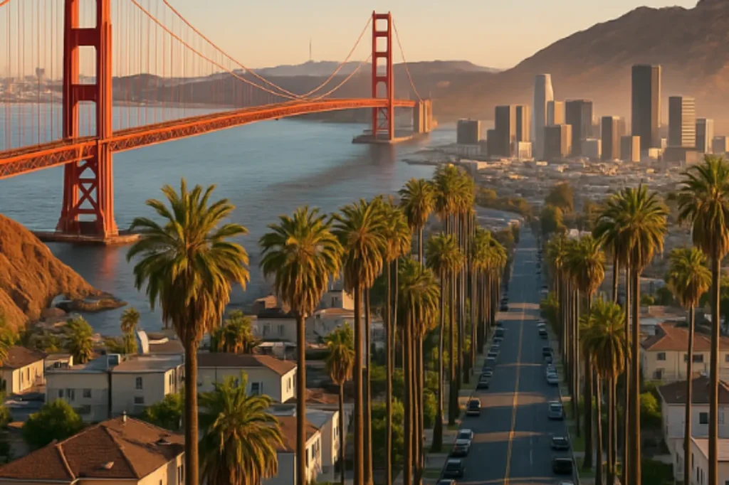 Golden Gate Bridge and palm-lined street in California during sunset.