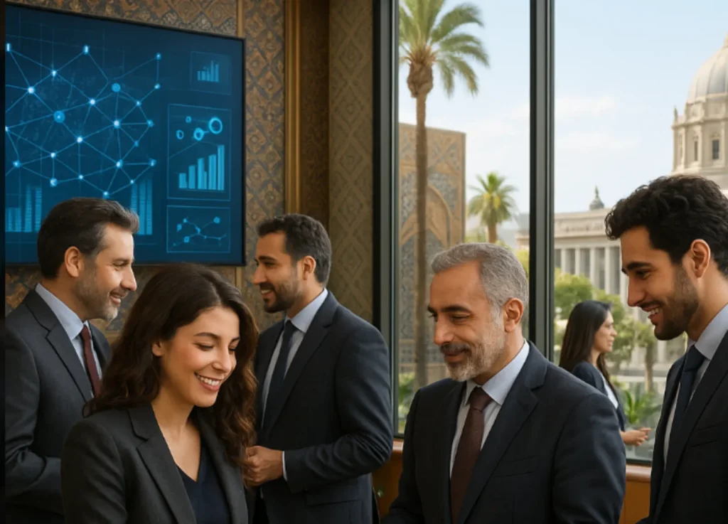 Iranian professionals networking in a business setting with charts in the background.