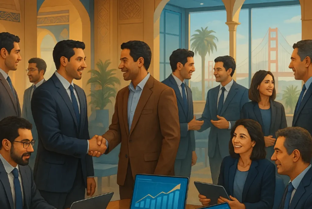 Iranian professionals networking and shaking hands in a business setting with the Golden Gate Bridge in the background.