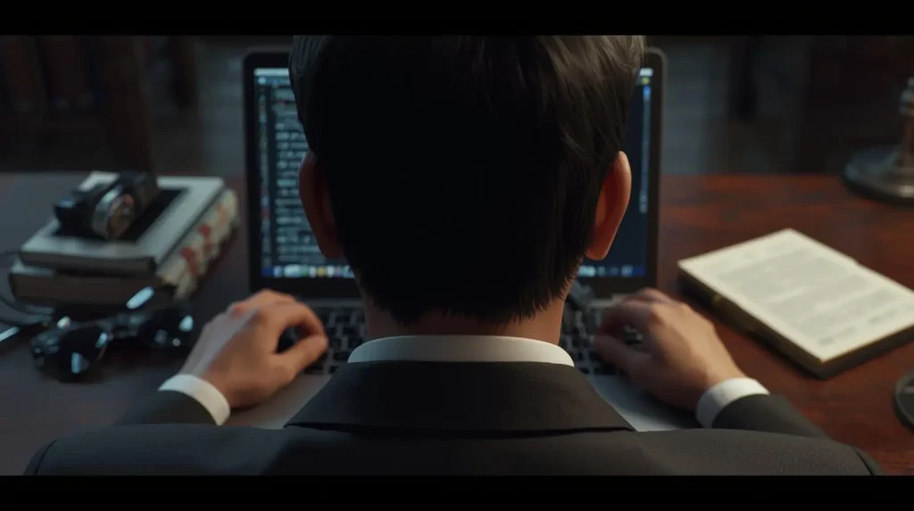 A person in a suit working on a laptop at a wooden desk with books, glasses, and a camera nearby.