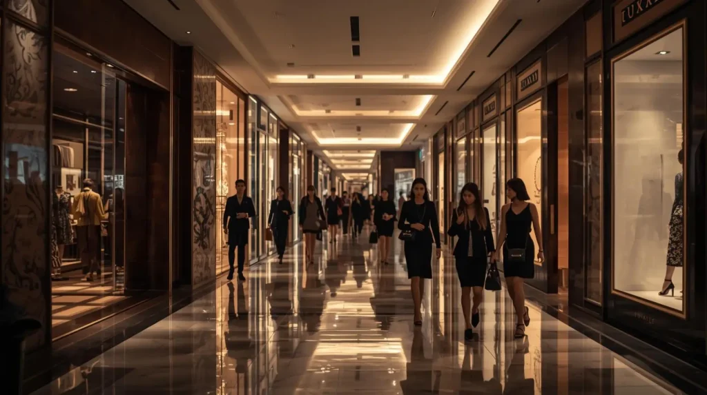 People walk through a modern, upscale shopping mall with glass storefronts and stylish lighting.