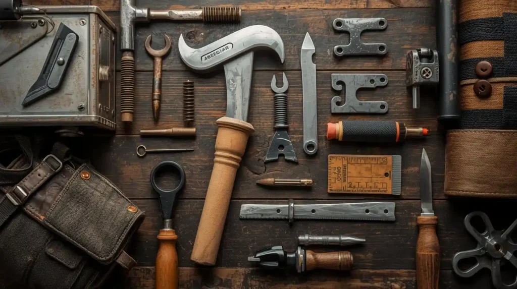 A neatly arranged collection of vintage hand tools, rulers, and mechanical parts on a wooden table.