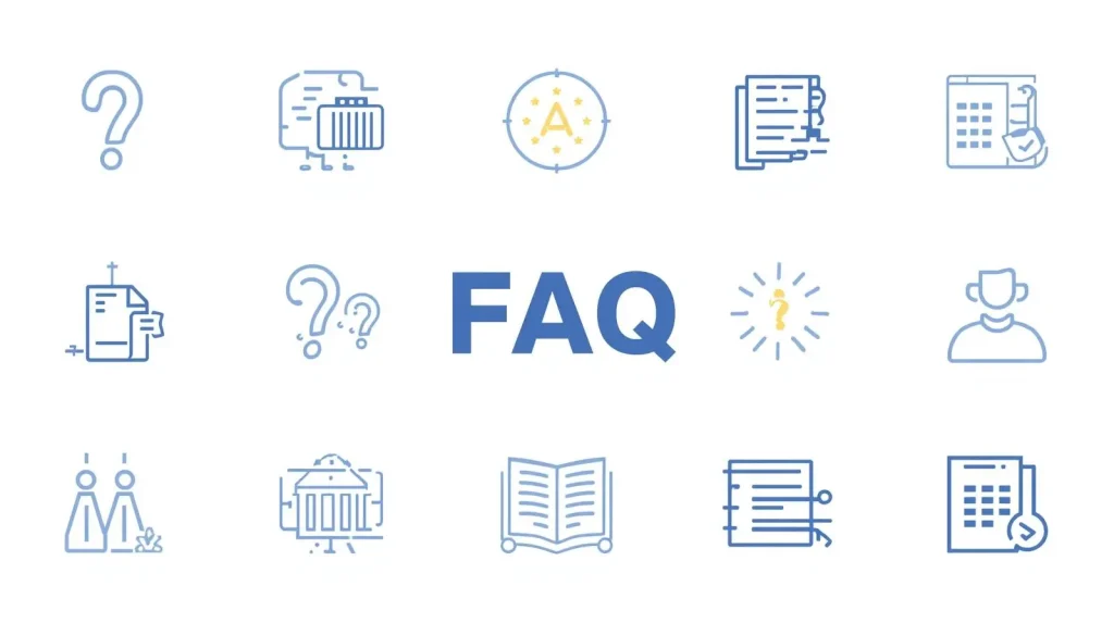 A graphic with the text "FAQ" in the center, surrounded by question marks and various informational icons.