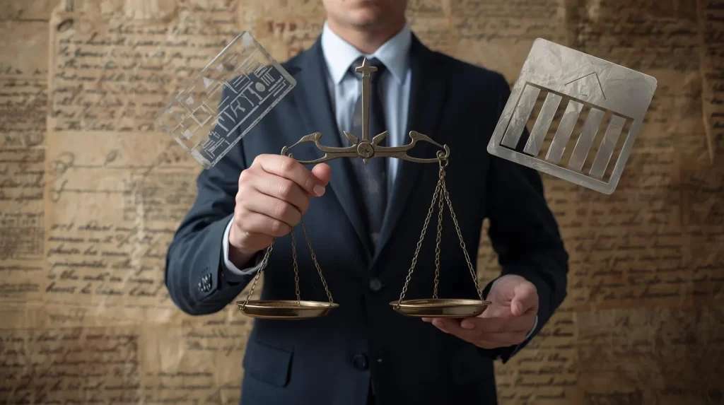 Businessman in a suit holding a balance scale, with finance and legal icons floating around him.
