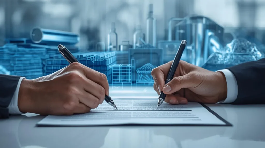Two business professionals signing a partnership agreement at a desk.