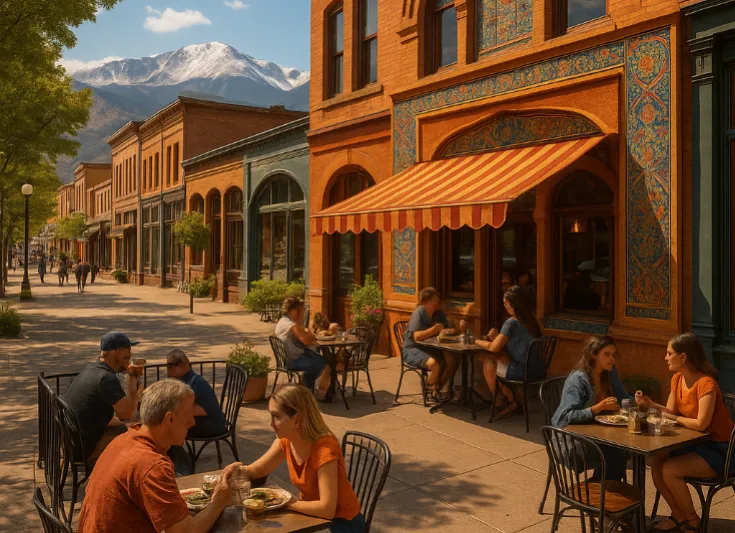 People dining outside colorful storefronts with Pikes Peak in the background.