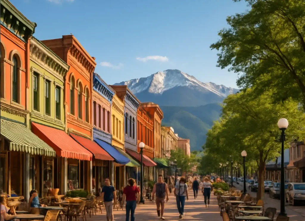 Colorful storefronts on a sunny street with Pikes Peak in the background.