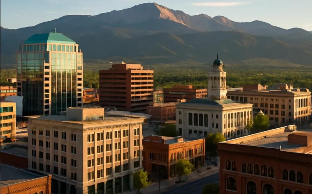A scenic view of downtown Colorado Springs with buildings and Pikes Peak in the background.