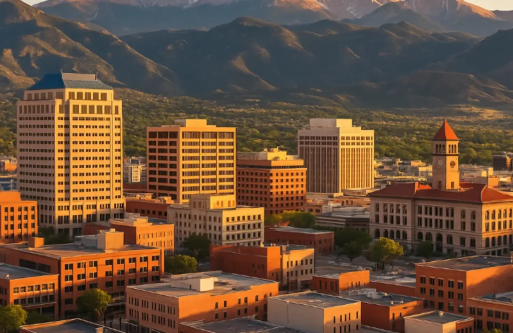 Downtown Colorado Springs with buildings and mountains in the background at sunset.