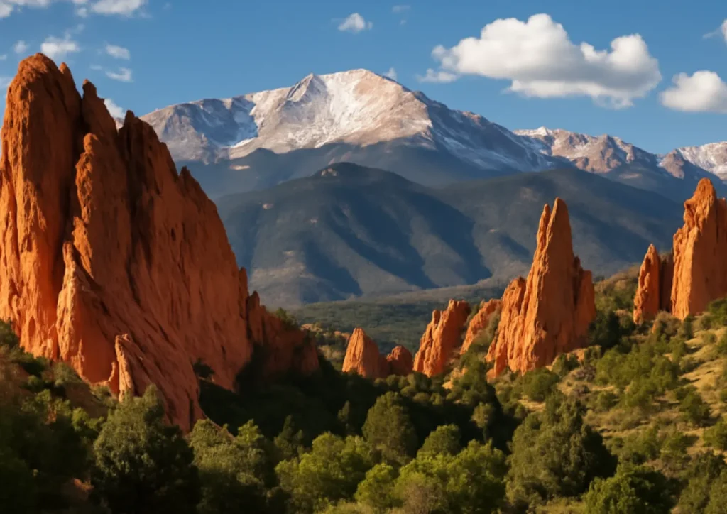 Garden of the Gods with red rock formations and Pikes Peak in Colorado.