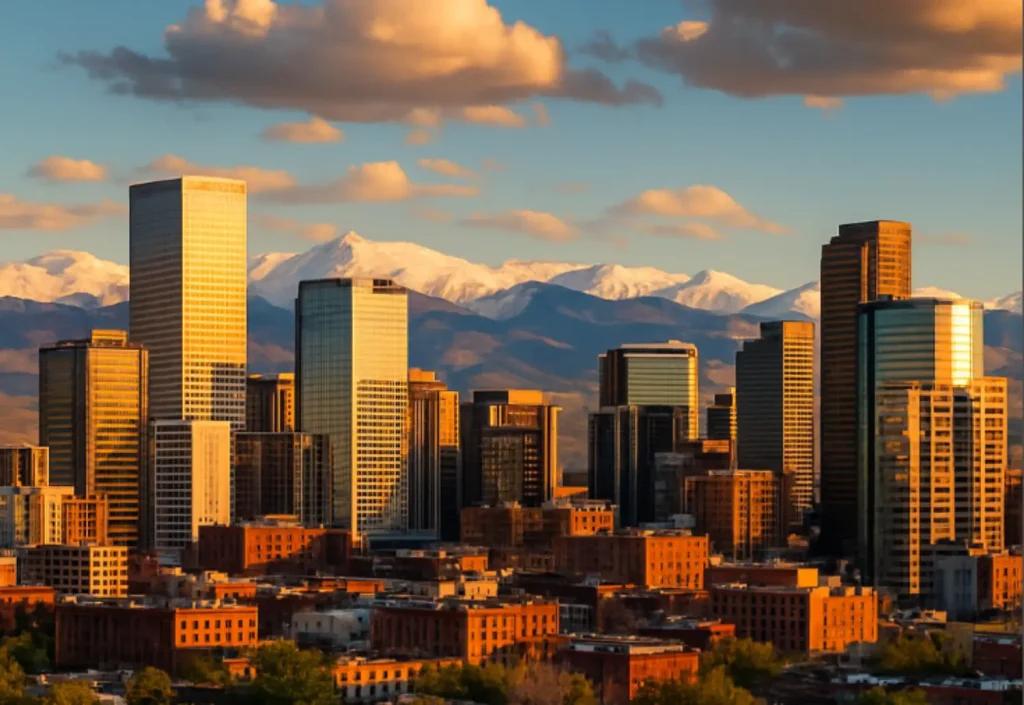 Denver city skyline with snow-capped mountains in the background.