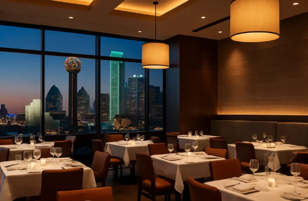 Elegant restaurant interior with candlelit tables and a stunning view of the Dallas skyline at night.