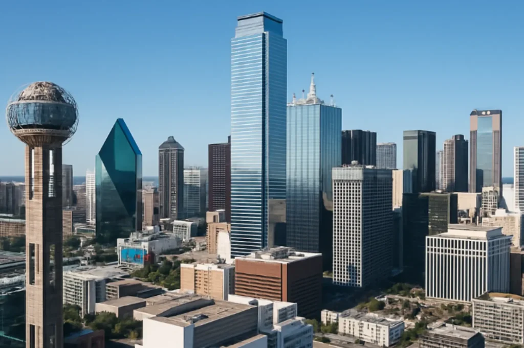 Skyline of downtown Dallas with iconic skyscrapers and the Reunion Tower under a clear blue sky.