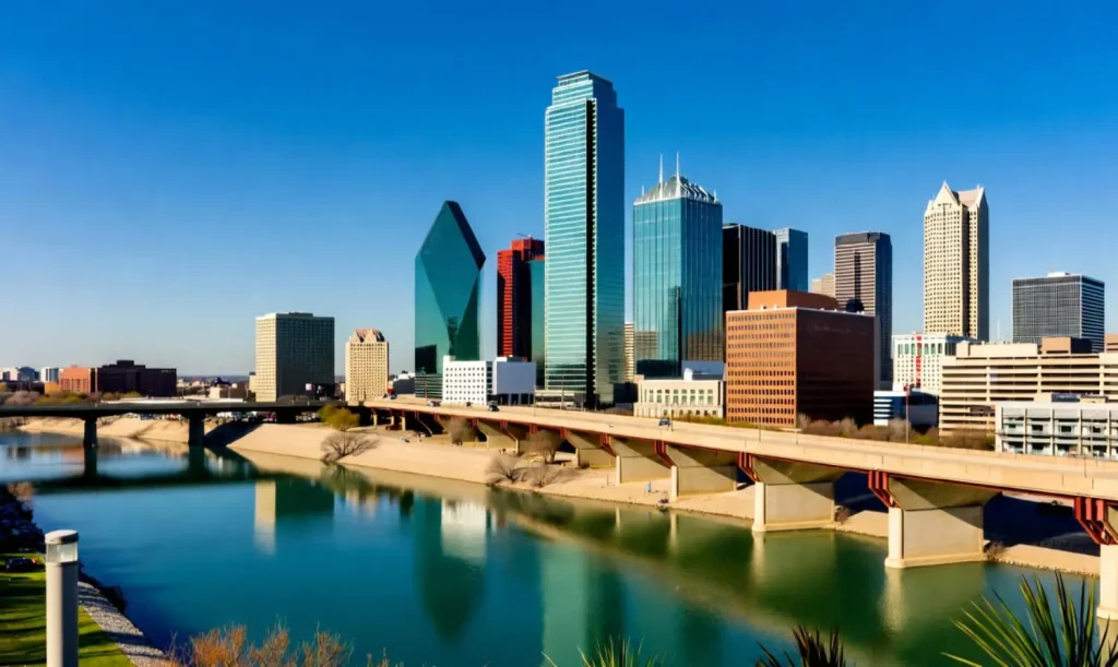 Dallas skyline with modern skyscrapers reflecting on a calm river under a clear blue sky.