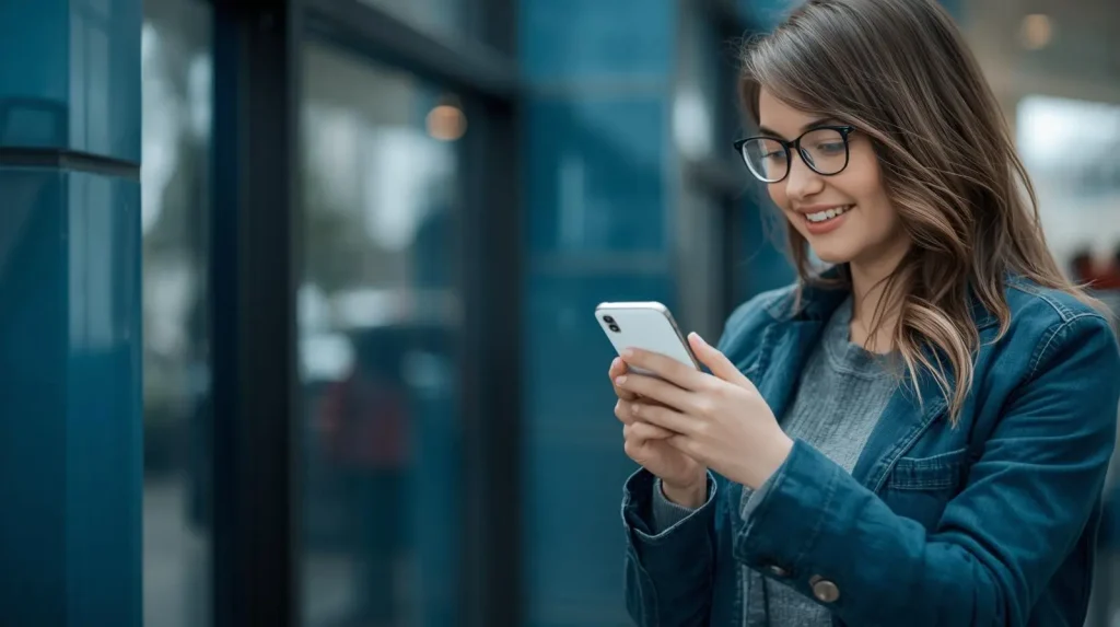 A smiling woman in glasses using her smartphone outdoors near a glass building.