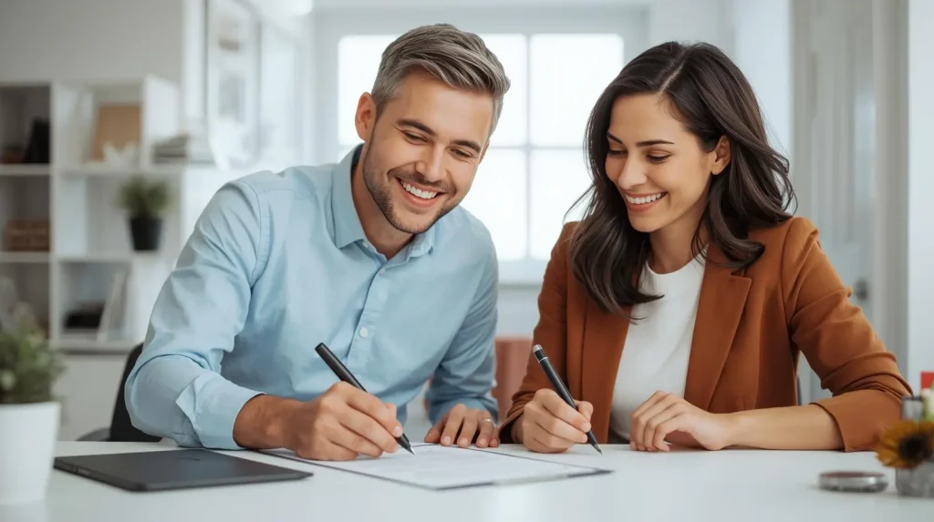 A smiling man and woman sitting at a desk, collaboratively signing documents in a bright office setting.