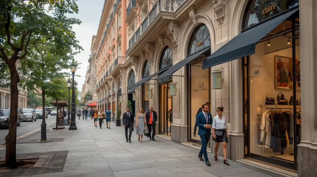 A stylish city street with elegant storefronts, professionals walking, and trees lining the sidewalk.
