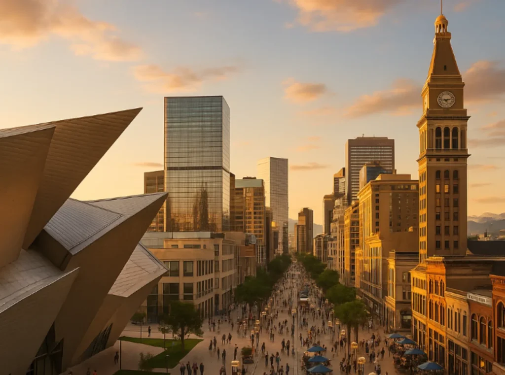 Downtown Denver at sunset with modern buildings, historic clock tower, and a bustling pedestrian street.