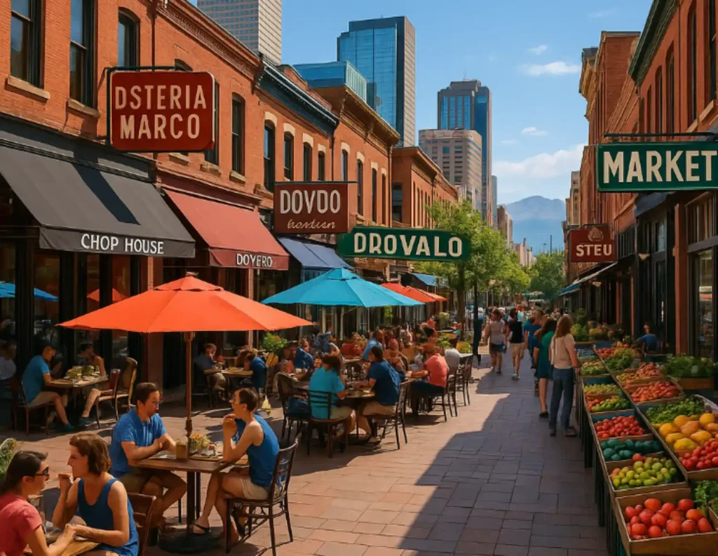 Busy Denver street with outdoor dining, colorful umbrellas, and fresh produce stands.