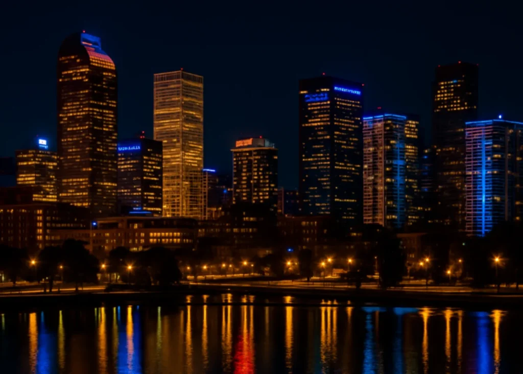 Denver skyline at night with brightly lit buildings reflecting on the water.